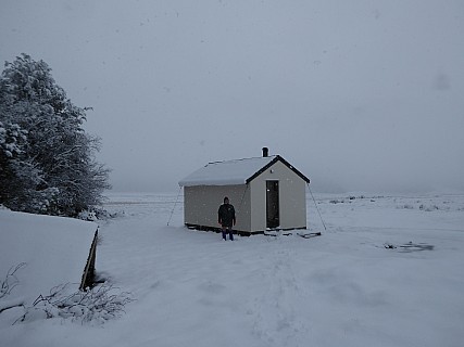 Simon outside Mistake Flats Hut snowing
Photo: Brian
2020-09-01 15.36.32; '2020 Sept 01 15:36'
Original size: 4,000 x 3,000; 3,820 kB
