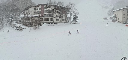 Ski Yokoteyama, Shibutoge, and Kumanoyu 
Snowing view from Alpenburg window
Photo: Adrian
2024-03-08 16.28.58; '2024 Mar 08 16:28'
Original size: 12,830 x 6,007; 7,508 kB; stitch