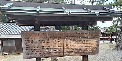 Ōsaka markets, visit to Nara
Todaiji Temple sign
Photographer;&nbsp;Adrian
2024-03-14&nbsp;15.41.02;&nbsp;Metadata time: '2024 Mar 14 15:41'
Original size:&nbsp;4,032 x 2,015; 2,873 kB;&nbsp;cr
Filename: 2024-03-14 15.41.02 S20+ Adrian - Todaiji Temple sign_cr.jpg